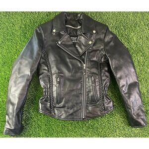 Detour 8307 Women's S Black Leather Motorcycle Jacket Braids‎ Cinch Waist Studs